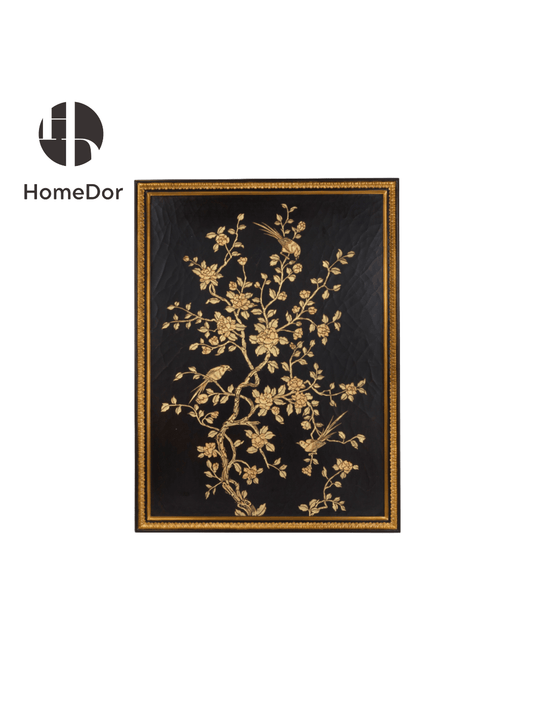 HomeDor Elegant Black and Gold Floral & Bird Wall Decor with Ornate Frame-L91cm X H122cm-
