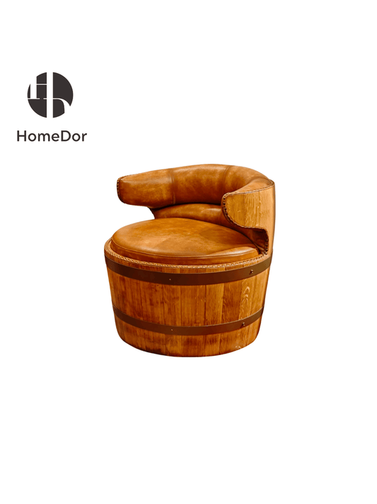 Unique Rustic Barrel Shape Leather Single Lounge Chair with Hand Crafted Wooden Base