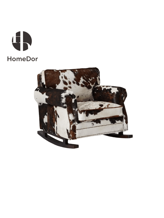 Ranch Style Rustic Cowhide Leather Rocking Chair with Classic Armrest Design