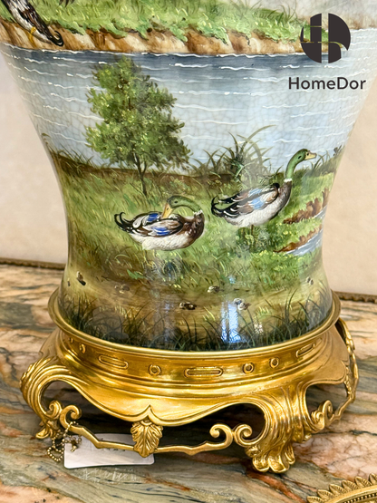 Juego de jarrón y jarra de porcelana con diseño de pato salvaje pintado al óleo HomeDor