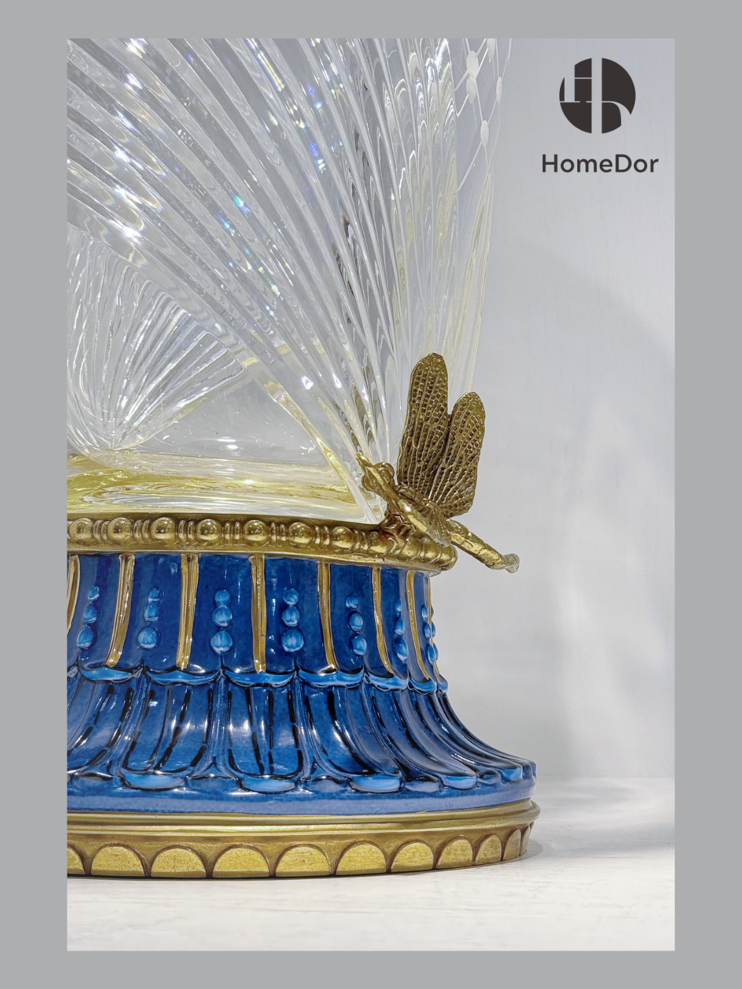 HomeDor HomeDor × FH&Home | Prague Collection Luxury Geometric-cut Crystal Vase with Blue Porcelain Accents and Gilded Details-Vases & Vessels-L26cm × W26cm × H47cm-