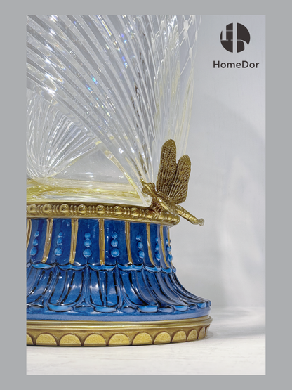 HomeDor HomeDor × FH&Home | Prague Collection Luxury Geometric-cut Crystal Vase with Blue Porcelain Accents and Gilded Details-Vases & Vessels-L26cm × W26cm × H47cm-