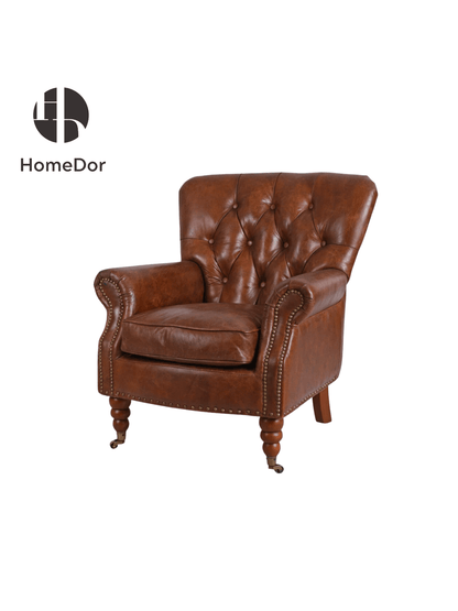 Vintage Brown Tufted Back Leather Armchair with Nailhead Accents and Casters