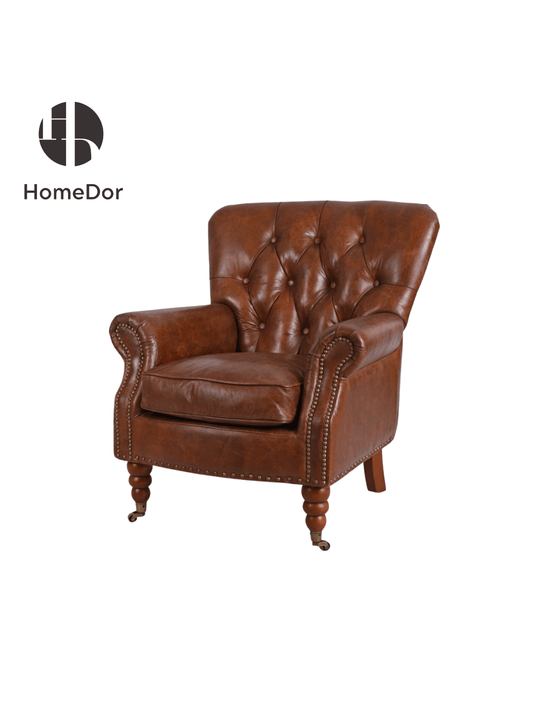 Vintage Brown Tufted Back Leather Armchair with Nailhead Accents and Casters