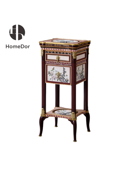 HomeDor HomeDor × FH&Home | French Orchid Porcelain Pedestal Table-L47cm x W47cm x H108cm It combines the classic allure of a wooden structure with the delicate charm of copper accents and the artistry of high-temperature porcelain featuring French orchid motifs, resulting in a piece that radiates timeless elegance and sophisticated artistry.