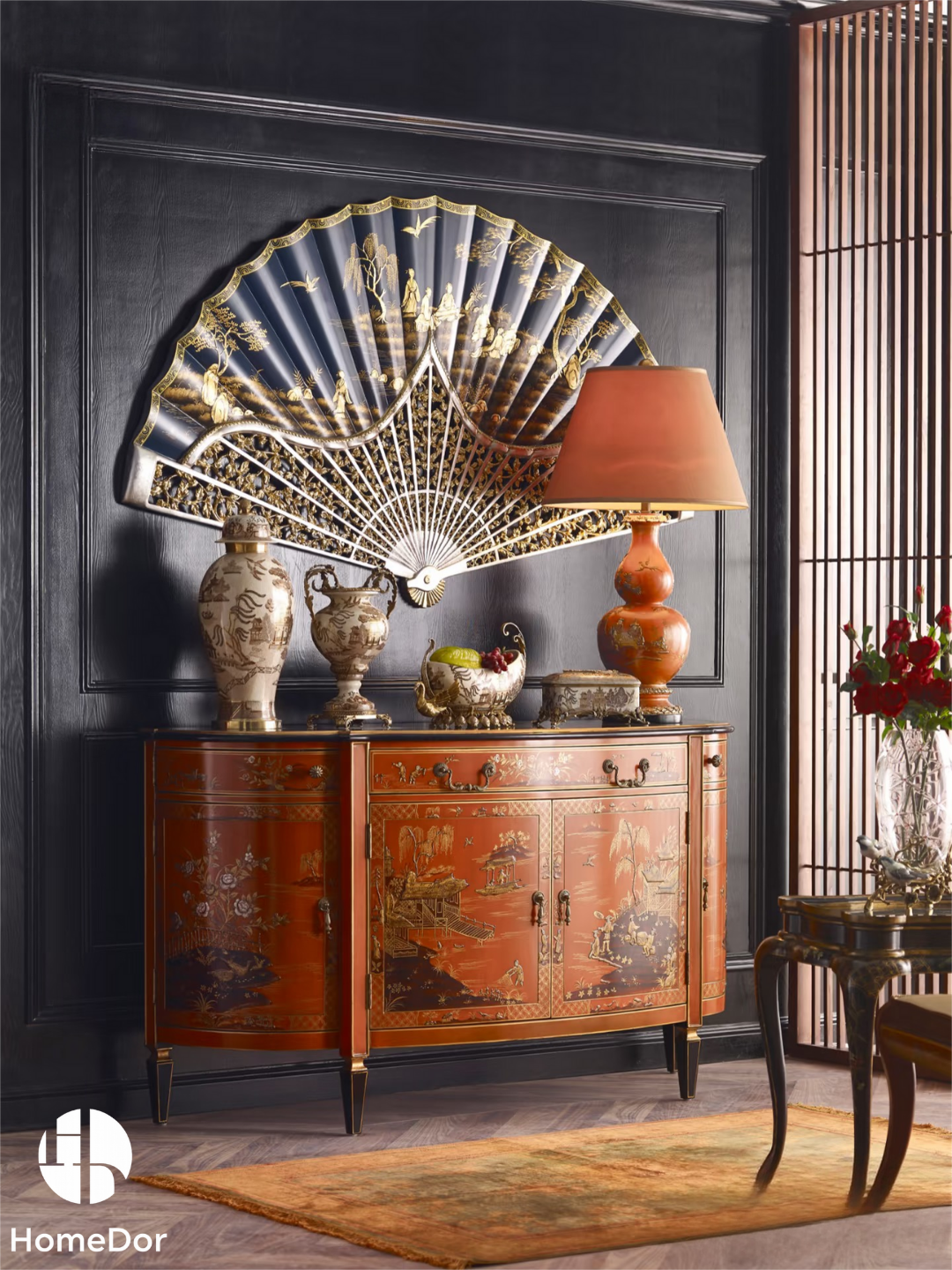 HomeDor × FH&Home | Grand Royal Blue Chinese Figure Scenery Gold Painted Fan Wall Art