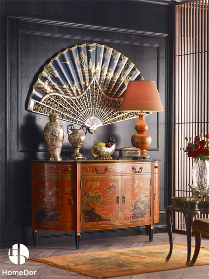 HomeDor × FH&Home | Grand Royal Blue Chinese Figure Scenery Gold Painted Fan Wall Art