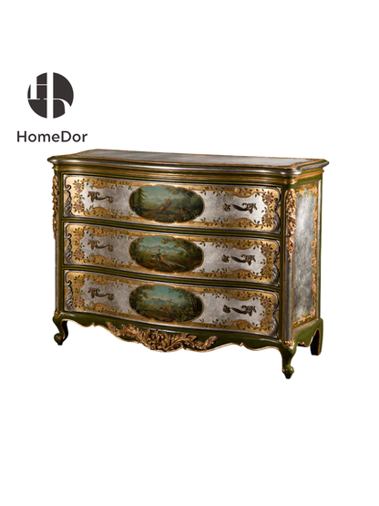 HomeDor Vintage-Inspired Hand-Painted Scenic Console Chest of Drawers