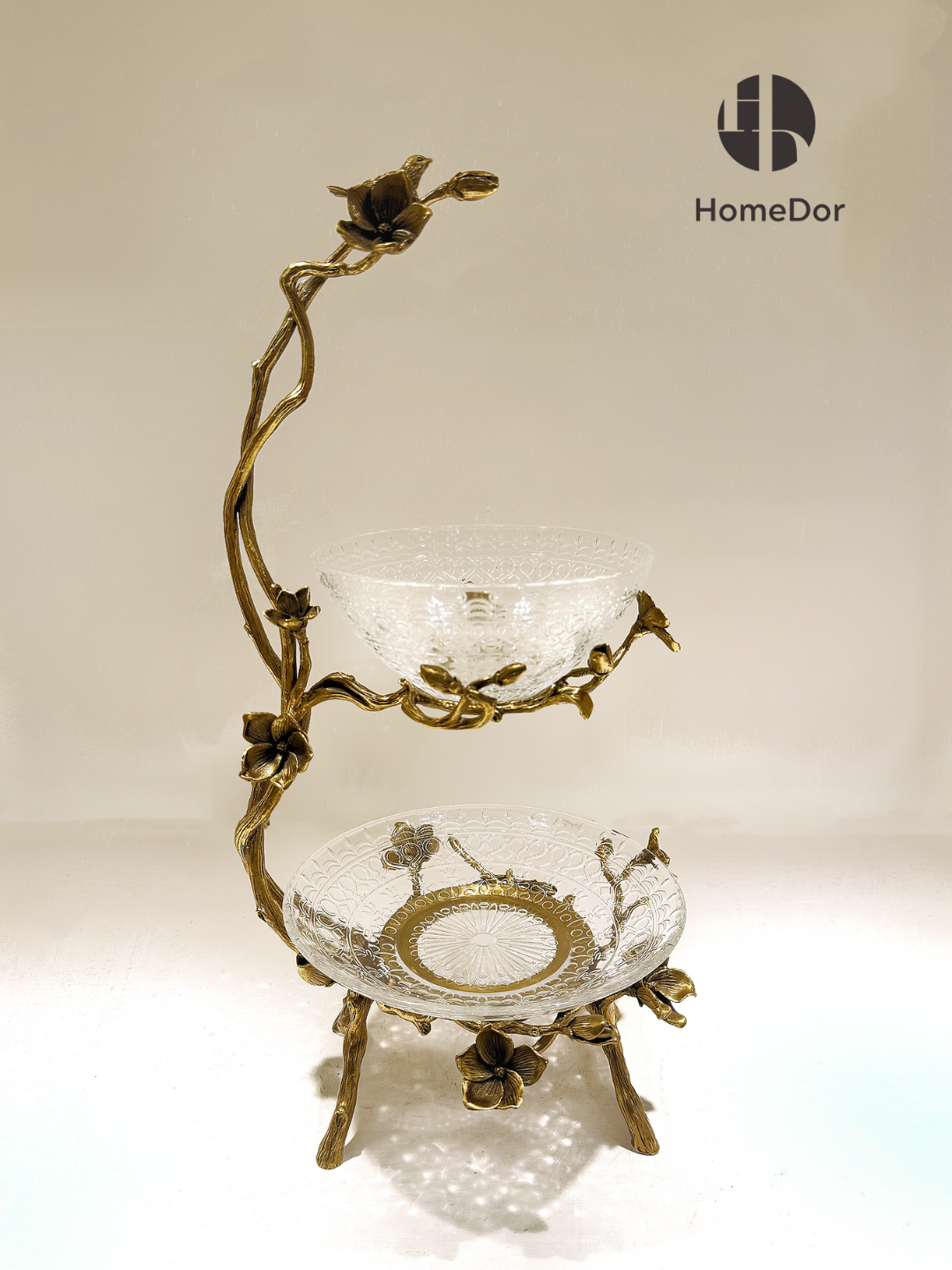 HomeDor HomeDor × FH&Home | Exquisite Golden Branch-designed Two-layer Crystal Glass Fruit Platter-Fruit Platter-Style A/ L24cm × W22cm × H46cm-