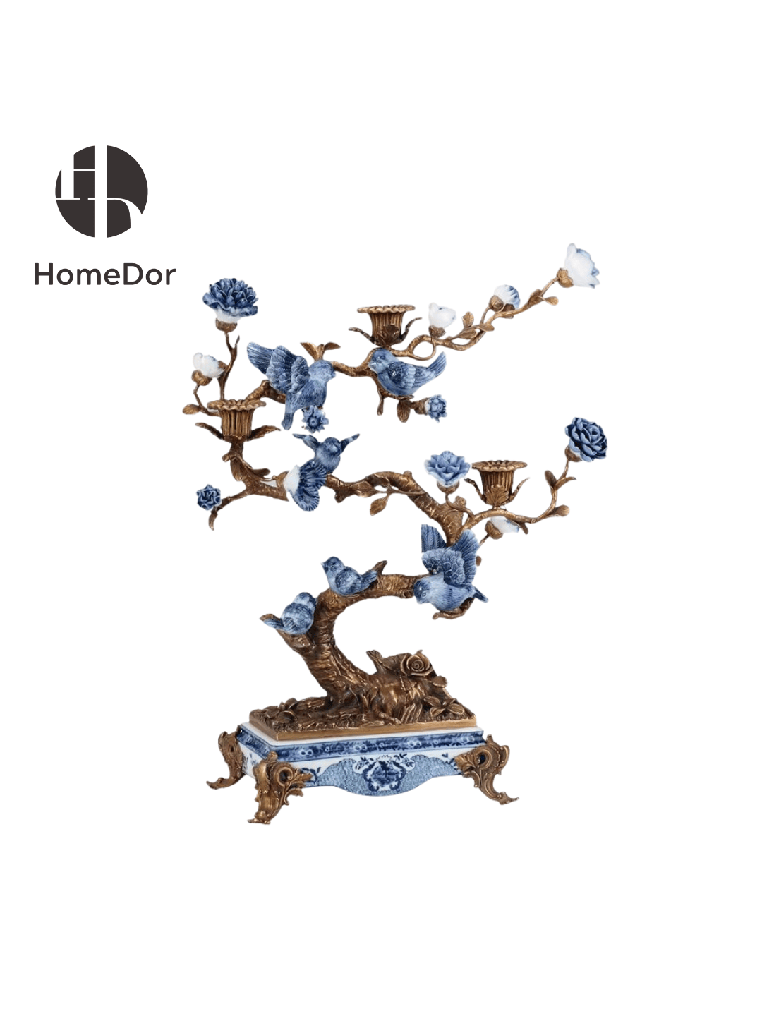 HomeDor × FH&Home | Blue and White Porcelain Birds Brass Tree Candle Holder
