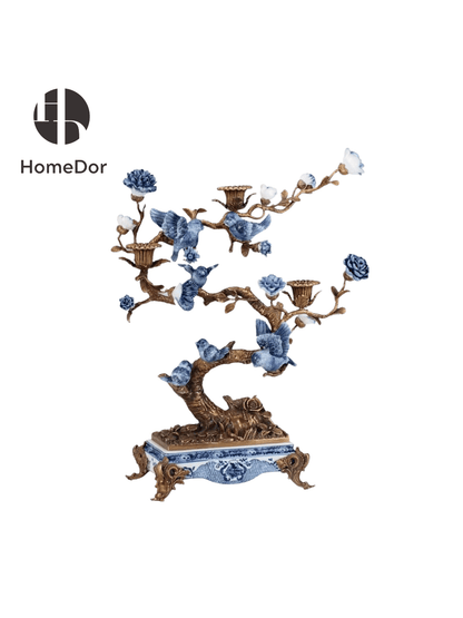 HomeDor × FH&Home | Blue and White Porcelain Birds Brass Tree Candle Holder