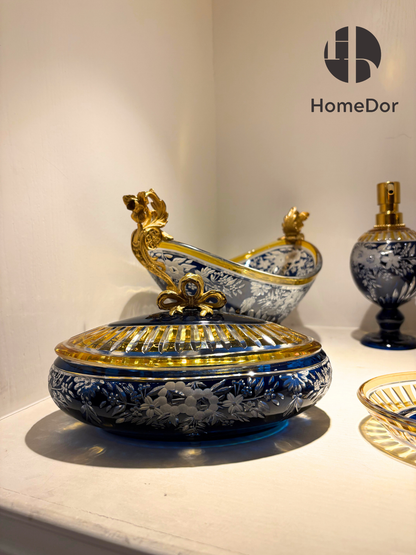 HomeDor Aurora Glass Cobalt Blue Etched Floral Table Decor Set