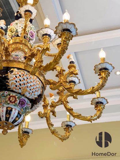 Lámpara de araña de porcelana clásica europea con flores talladas de HomeDor