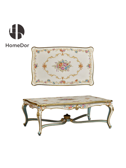 HomeDor HomeDor × FH&Home | Classic Rococo Elegance Ivory Floral Hand-Painted Carved Coffee Table/End Table-Coffee Table/Style D/L135cm × W85cm × H50cm-