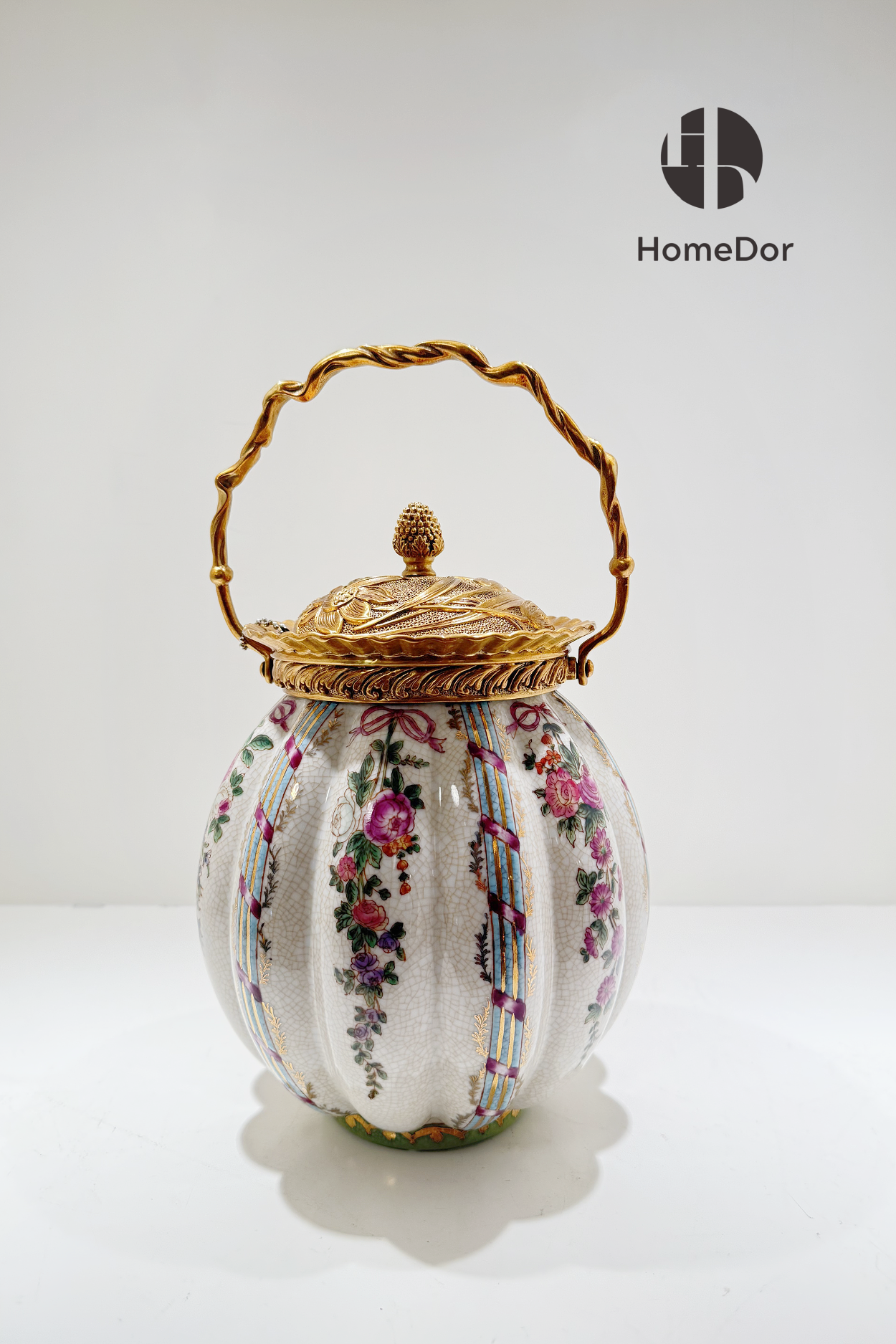 HomeDor Elegant Floral Porcelain Brass Handled Canister-L20cm X W20cm X H34cm-
