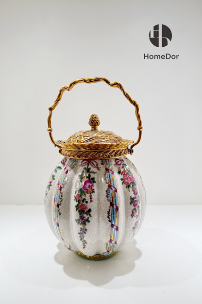 HomeDor Elegant Floral Porcelain Brass Handled Canister-L20cm X W20cm X H34cm-