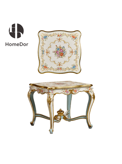 HomeDor HomeDor × FH&Home | Classic Rococo Elegance Ivory Floral Hand-Painted Carved Coffee Table/End Table-End Table/Style B/L66cm × W66cm × H59cm-