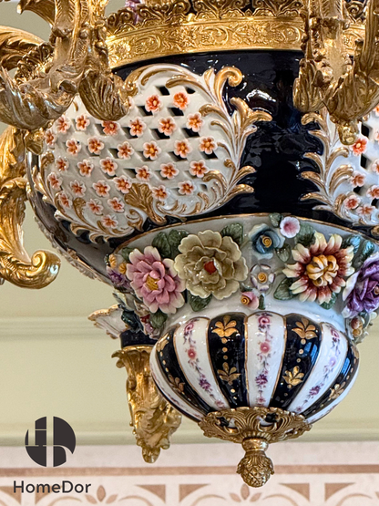 Lámpara de araña de porcelana clásica europea con flores talladas de HomeDor