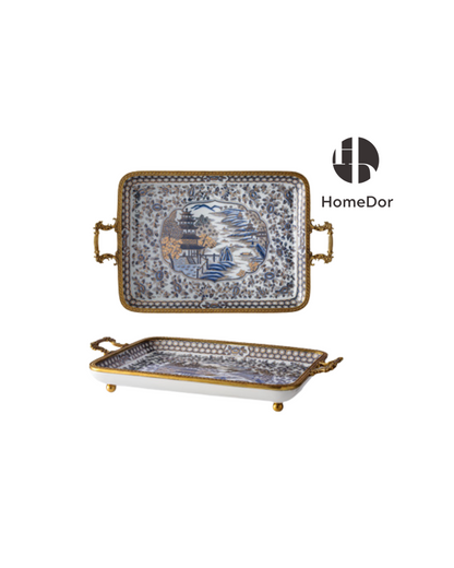 HomeDor HomeDor × FH&Home | Hand-Painted Floral Bird Ceramic Tea Set with Brass Accents-Tray/L56cm × W34cm × H9cm-
