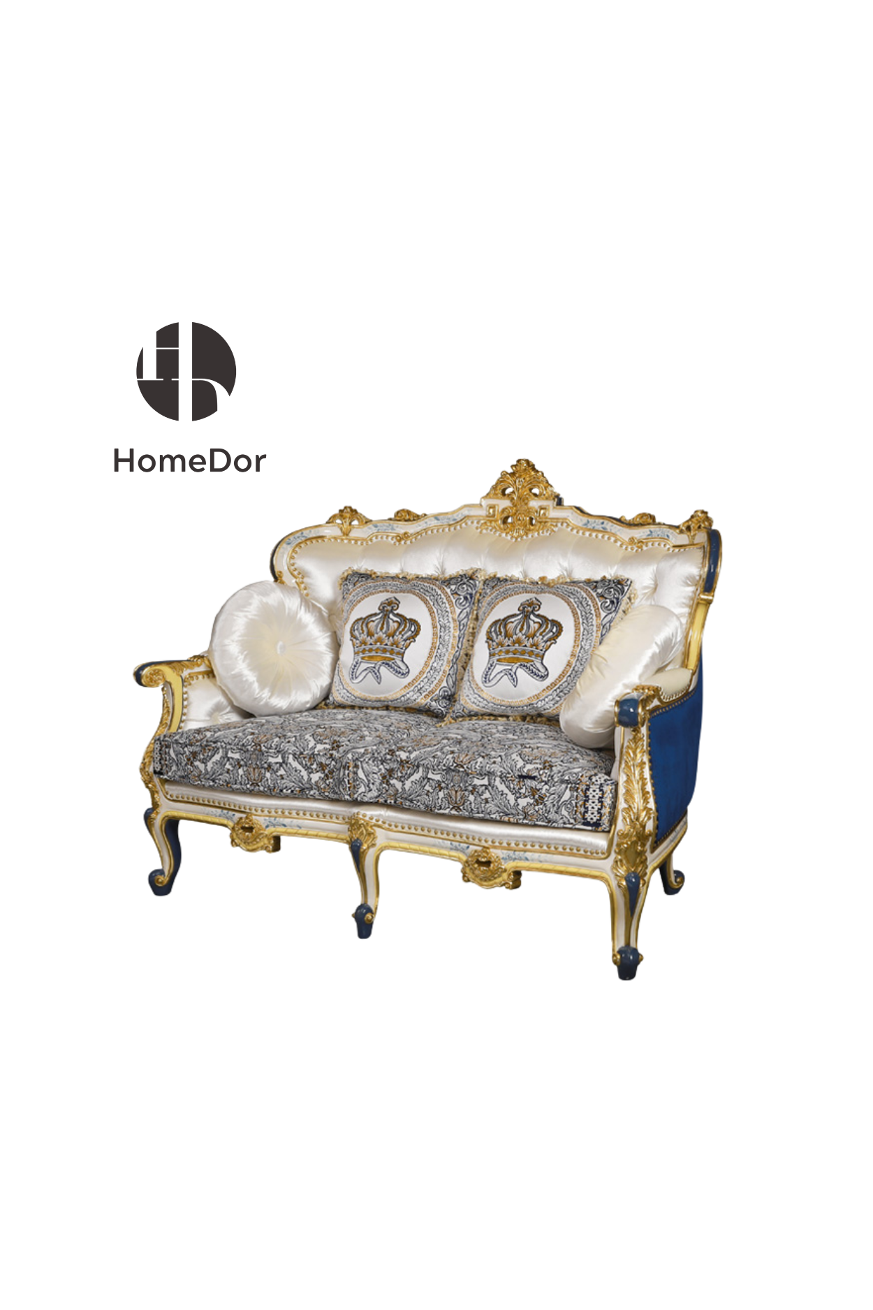 HomeDor HomeDor × FH&Home | Royal Blue and Gold Carved Mahogany Sofa with Crown Embroidered Cushions-2 Seater/L152cm× W80cm × H117cm-