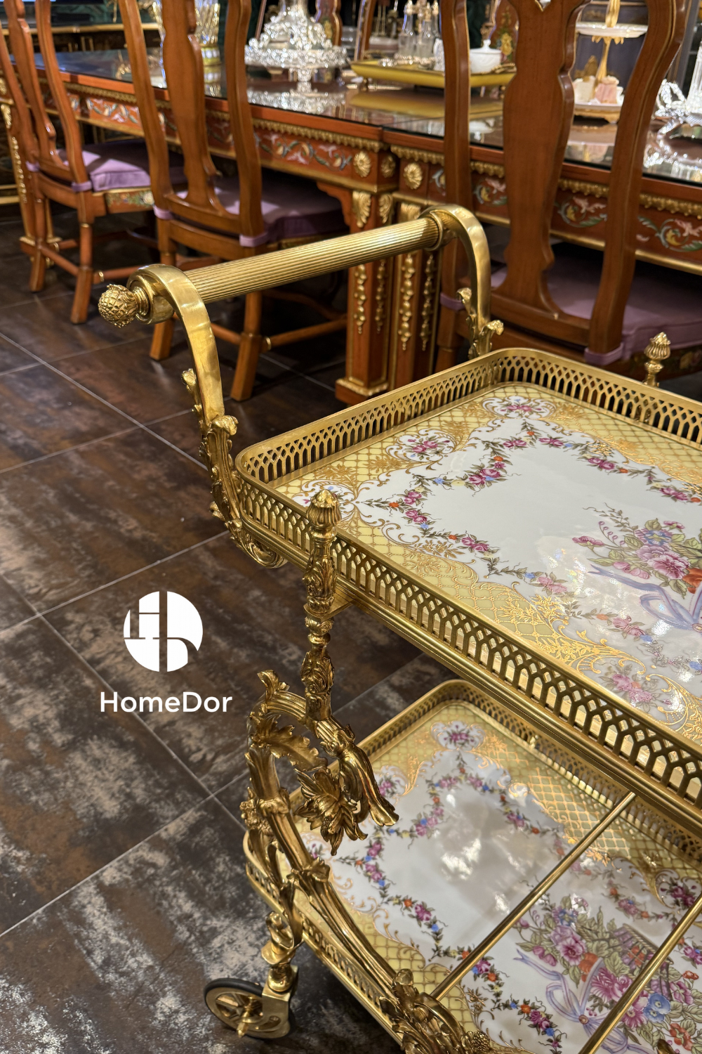 HomeDor × FH&Home | Luxurious Floral Ceramic-Panelled Brass Serving Trolley with Ornate Wheels