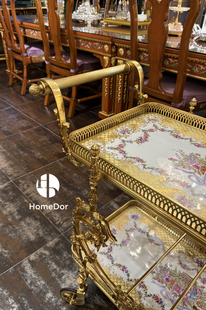 HomeDor × FH&Home | Luxurious Floral Ceramic-Panelled Brass Serving Trolley with Ornate Wheels