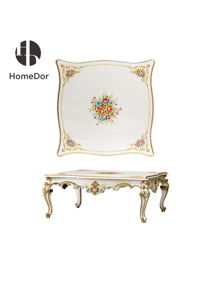 HomeDor HomeDor × FH&Home | Classic Rococo Elegance Ivory Floral Hand-Painted Carved Coffee Table/End Table-Coffee Table/Style C/L123cm × W123cm × H50cm-