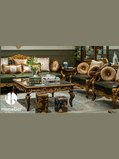 HomeDor × FH&Home | Vintage-Inspired Antonio Series Dark Green Leather Royal Carved Sofa