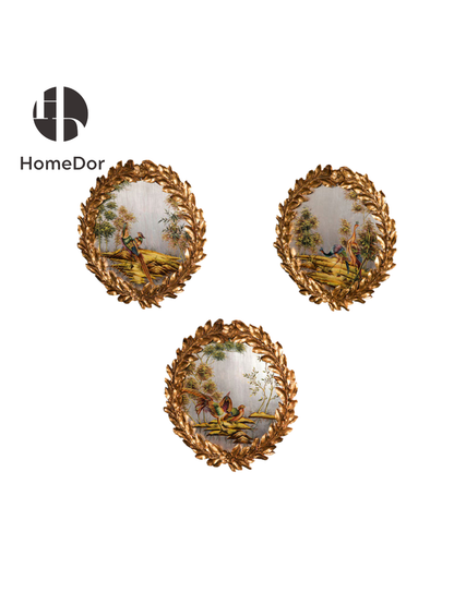HomeDor Chinoiserie Luxury Avian Scenery Wall Decor Trio with Gold Wreath Frame
