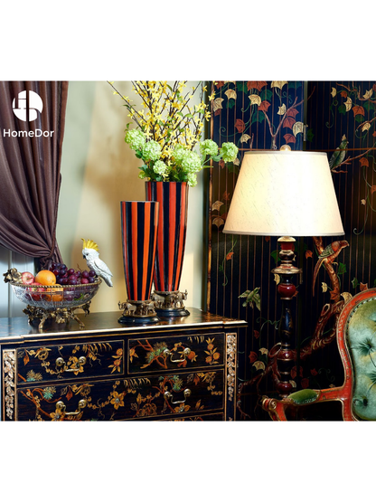 HomeDor × FH&Home | Vintage Striped Orange Black Vase with Elephant Base