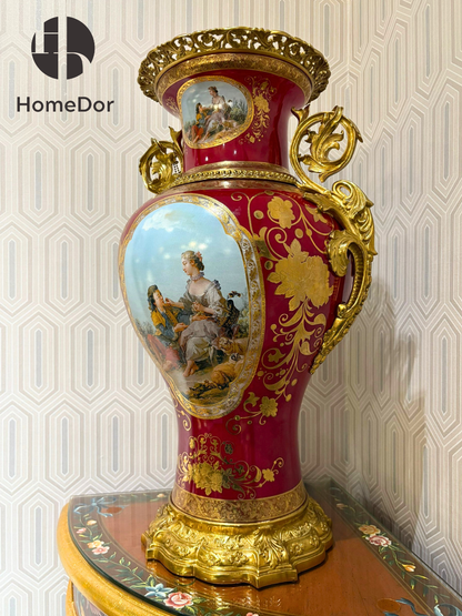 HomeDor Imperial Red Baroque Copper-Mounted Porcelain Vase