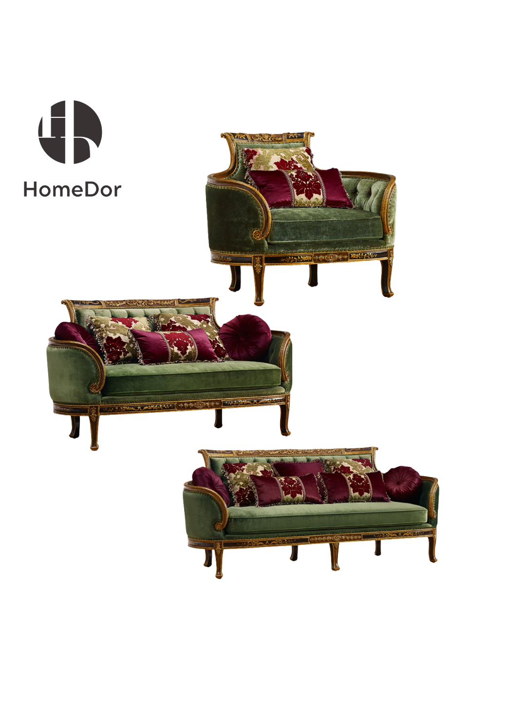 HomeDor HomeDor × FH&Home | Vintage French Style Velvet Green Sofa-The Whole Set-