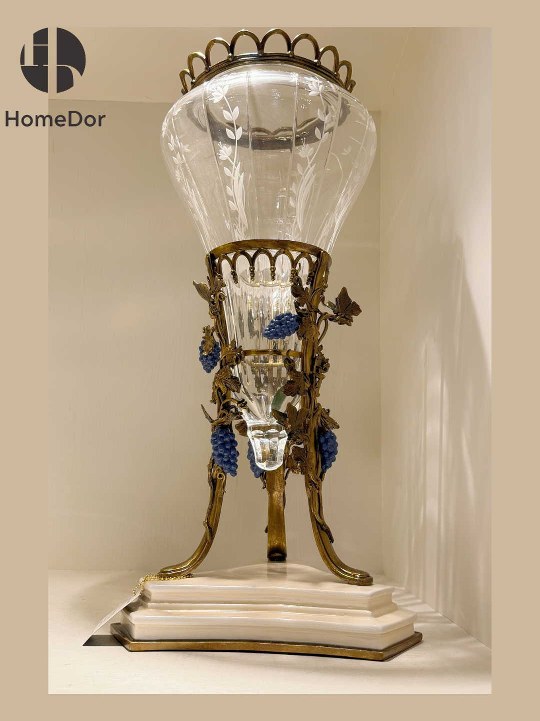 HomeDor HomeDor × FH&Home | Prague Collection European Style Crystal Glass Vase with Brass Vines and Blue Grapes-Vases & Vessels-L26cm × W26cm × H56cm-