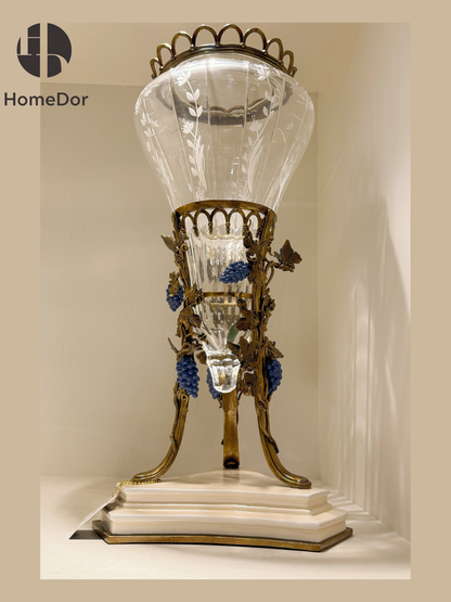 HomeDor HomeDor × FH&Home | Prague Collection European Style Crystal Glass Vase with Brass Vines and Blue Grapes-Vases & Vessels-L26cm × W26cm × H56cm-