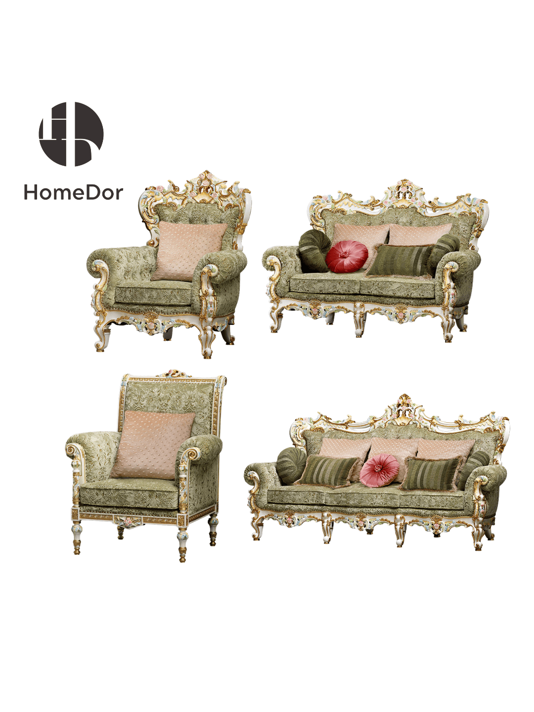 HomeDor HomeDor × FH&Home | Royal French Rose Artisan Carving Mahogany Fairy Green Sofa Set-Sofas-The Whole Set-