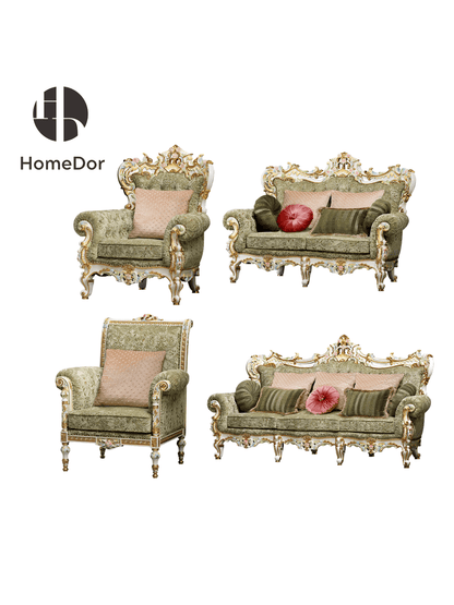 HomeDor HomeDor × FH&Home | Royal French Rose Artisan Carving Mahogany Fairy Green Sofa Set-Sofas-The Whole Set-