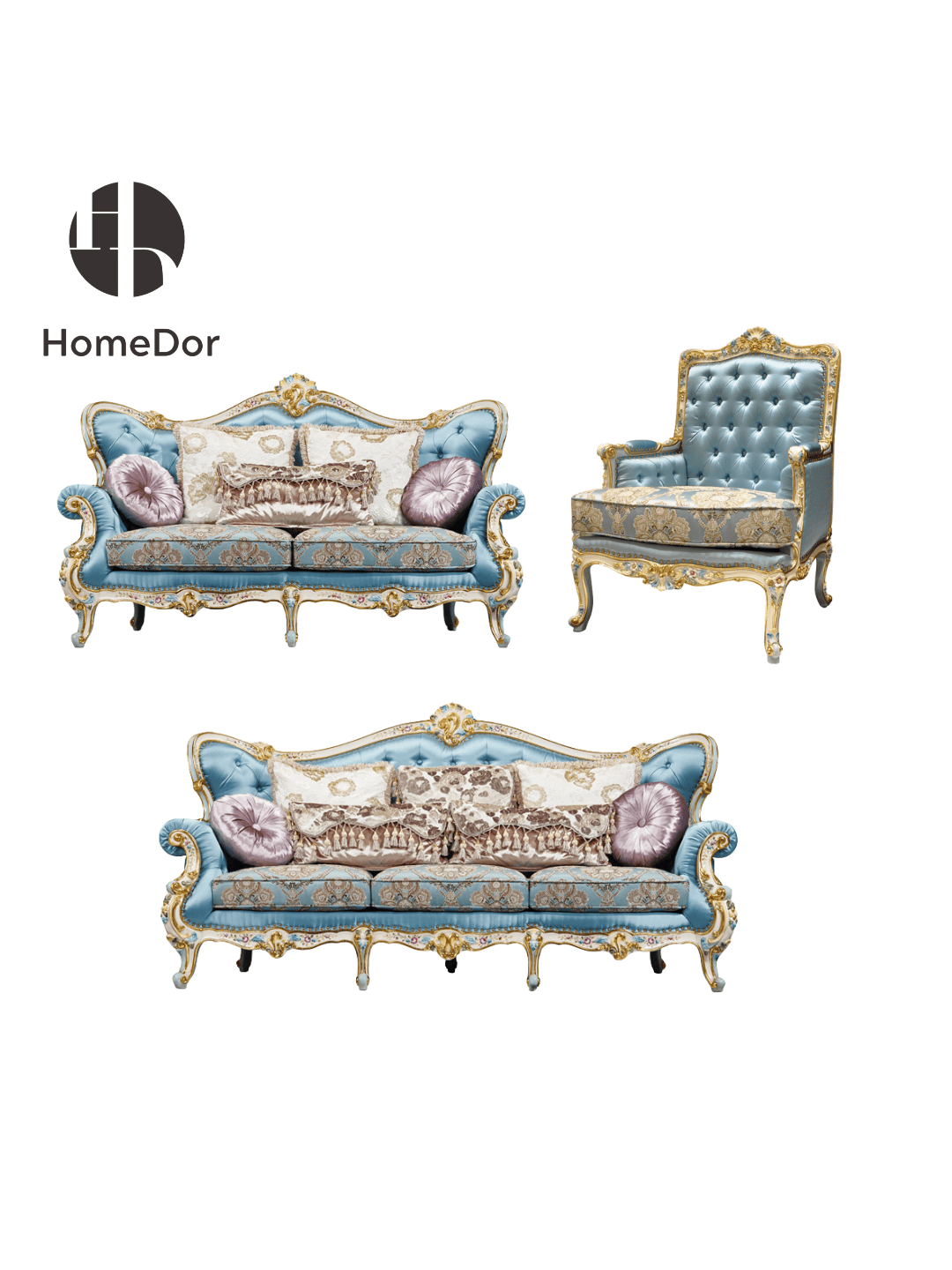 HomeDor HomeDor × FH&Home | Floral Collection Corolla Carved Mahogany Silky Blue Sofa-Sofas-The Whole Set-