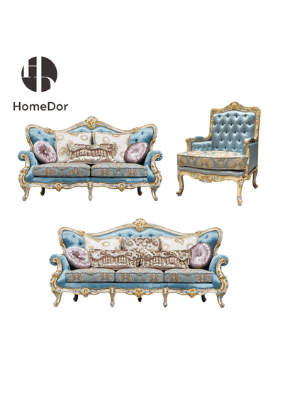 HomeDor HomeDor × FH&Home | Floral Collection Corolla Carved Mahogany Silky Blue Sofa-Sofas-The Whole Set-