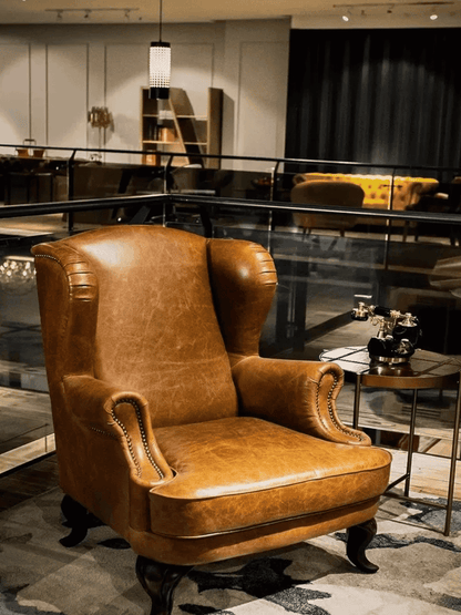 Luxury Classic Brown Leather Designer Wingback Sofa Chair