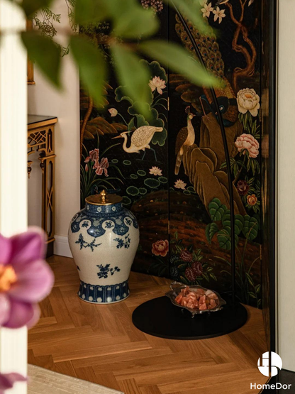 HomeDor × FH&amp;Home | Biombo decorativo de 3 paneles con pinturas florales y de pavo real Paravan