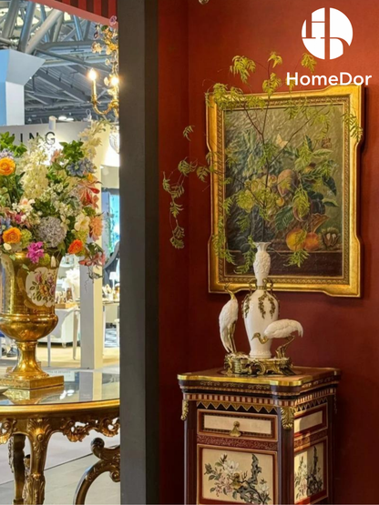 HomeDor Ornate Embossed Floral Treasure Vase with Twin Cranes