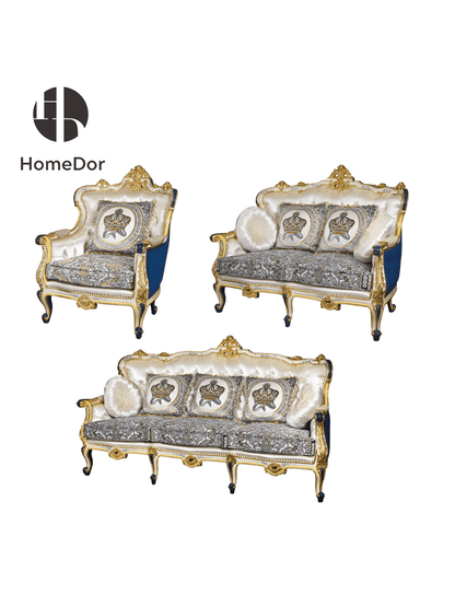 HomeDor HomeDor × FH&Home | Royal Blue and Gold Carved Mahogany Sofa with Crown Embroidered Cushions-The Whole Set-