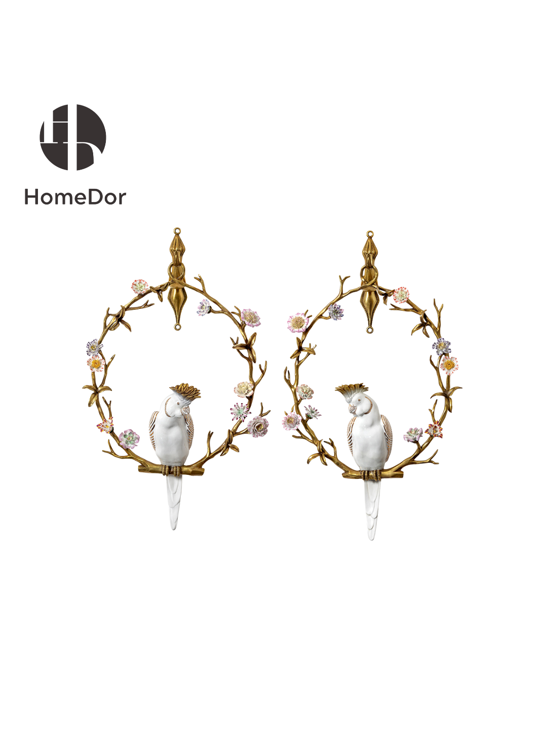 HomeDor HomeDor × FH&Home | Artistic Hanging Wall Decor of Parrot Perched on Floral Hoop-Wall Decor-Pair B Includes Both Left and Right Sides-