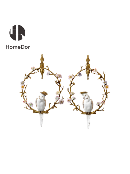 HomeDor HomeDor × FH&Home | Artistic Hanging Wall Decor of Parrot Perched on Floral Hoop-Wall Decor-Pair B Includes Both Left and Right Sides-