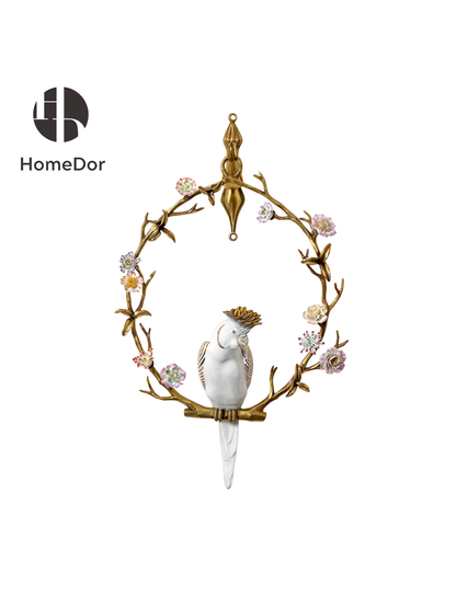 HomeDor HomeDor × FH&Home | Artistic Hanging Wall Decor of Parrot Perched on Floral Hoop-Wall Decor-Left Single/L39cm × W20cm × H60cm-