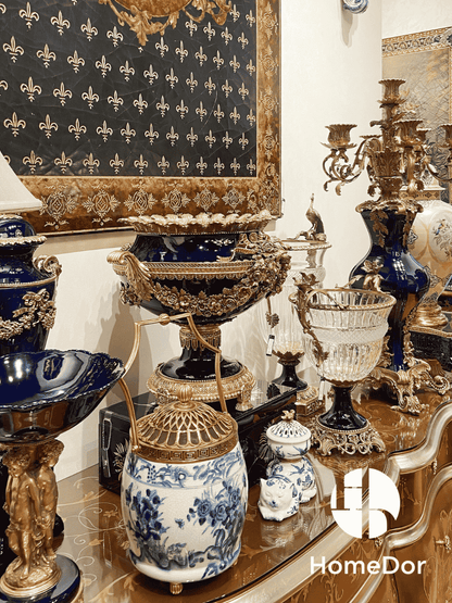 HomeDor Eternal Navy Opulence Porcelain Urn Shaped Vase-Vases & Vessels-L44cm X W38cm X H40cm-