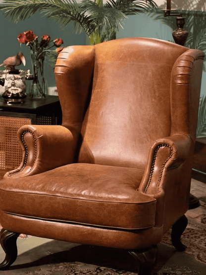 Luxury Classic Brown Leather Designer Wingback Sofa Chair