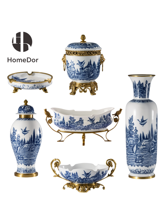 HomeDor Elegant Classical Porcelain Table Decor Set with Copper Details