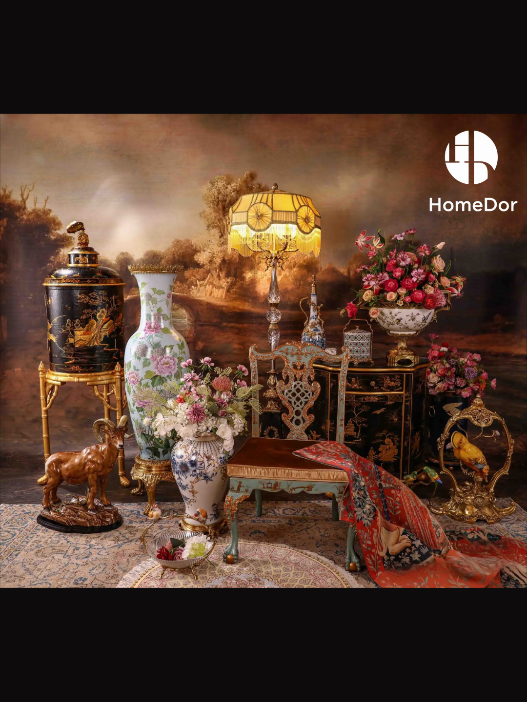 HomeDor × FH&Home | Marlene Series Luxury Turquoise & Gold Chinoiserie Accent Chair