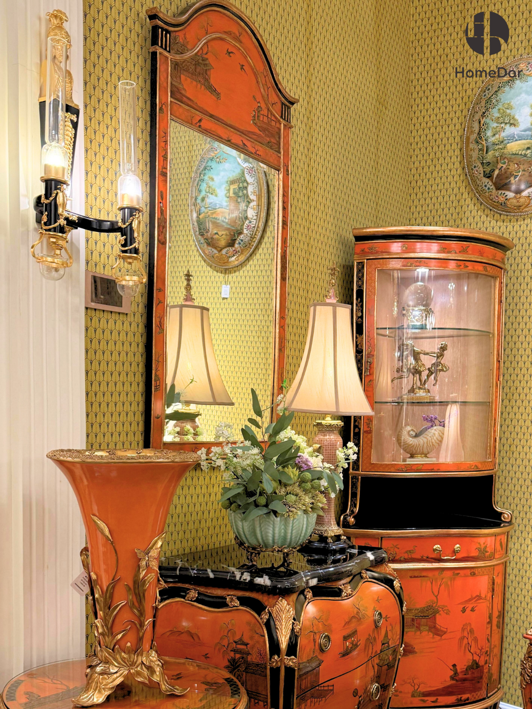 HomeDor × FH&Home | Chinoiserie Tangerine Scenic Motif Arched Wall Mirror